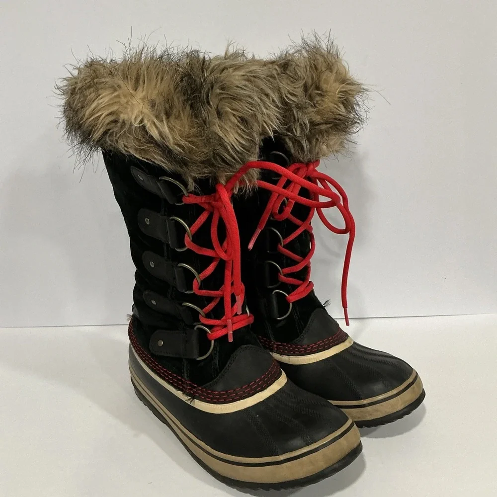 Sorel Joan of Arctic Boots, Black Red, Womens Size 8.5, Waterproof Winter Snow